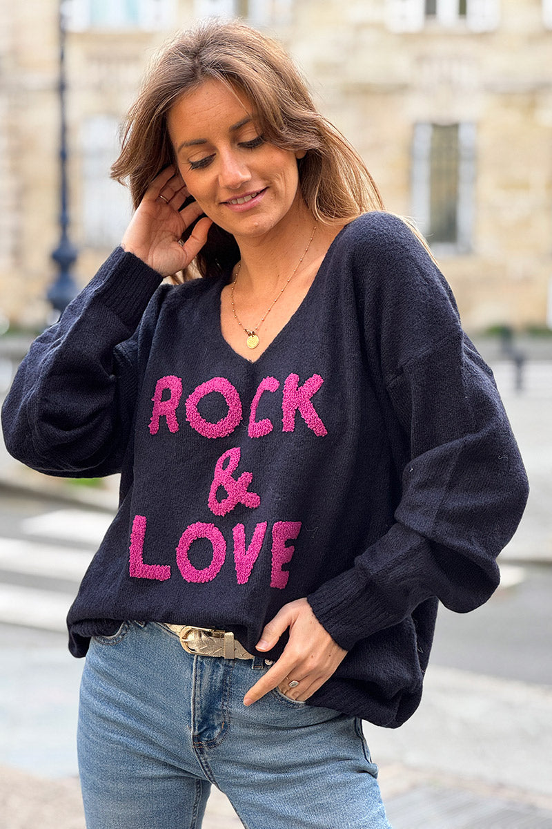 Navy Blue “Rock & Love” Pink Applique Sweater