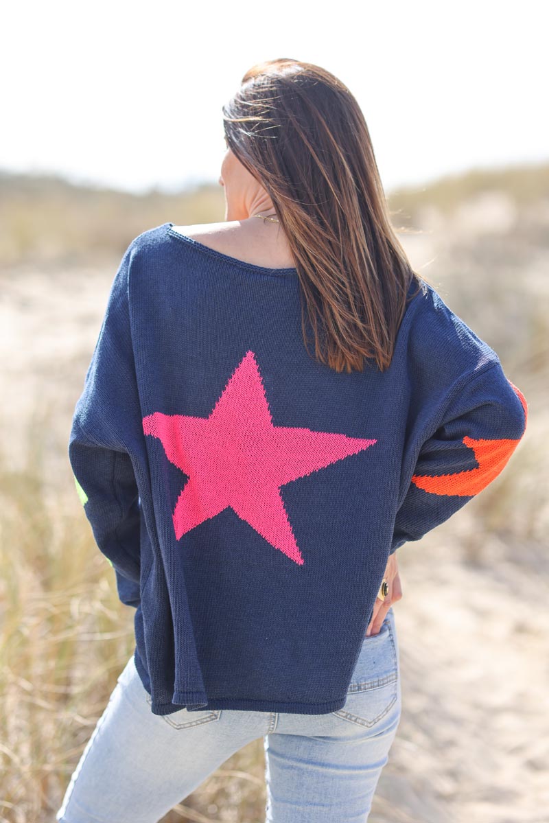 Navy blue knit sweater with colourful stars