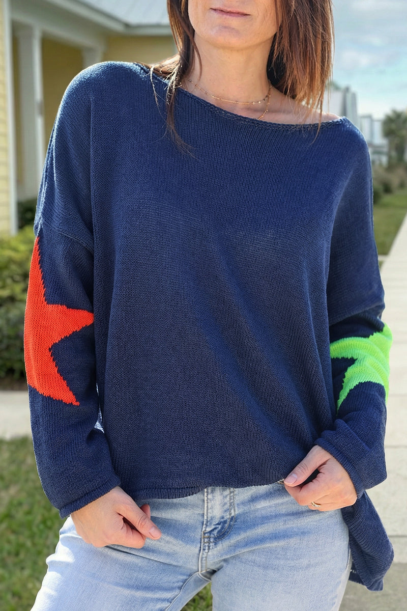 Navy blue knit sweater with colourful stars