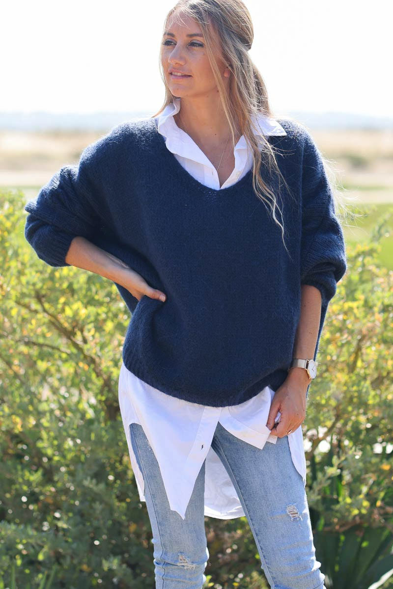 Navy blue Woollen v-neck Jumper with Batwing sleeves