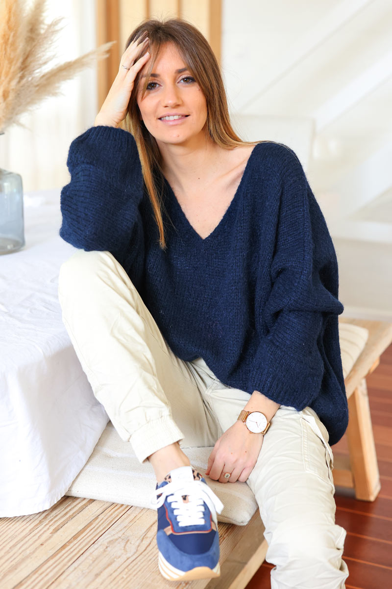 Navy blue Woollen v-neck Jumper with Batwing sleeves