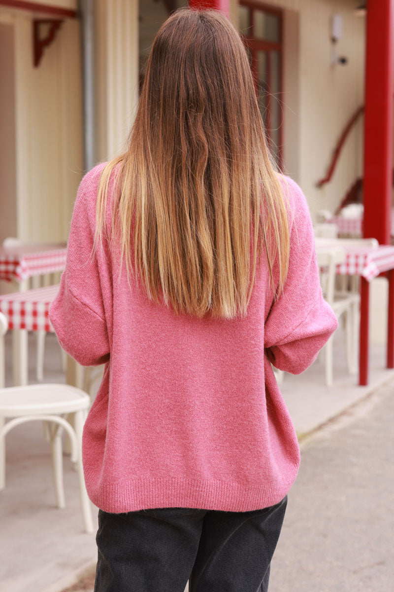 Pull bois de rose basique doux petite maille alpaga col v côtelé