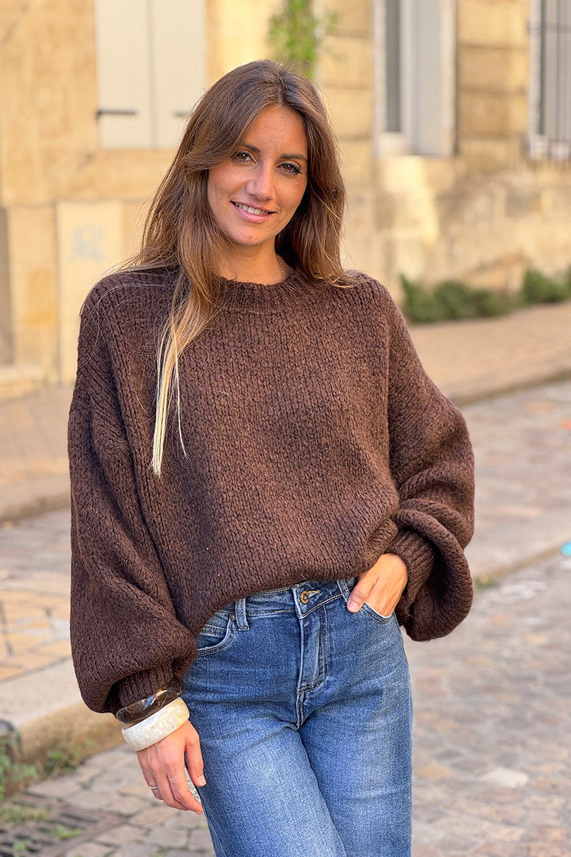 Pull chaud marron chocolat grosse maille douce manches bouffantes col rond
