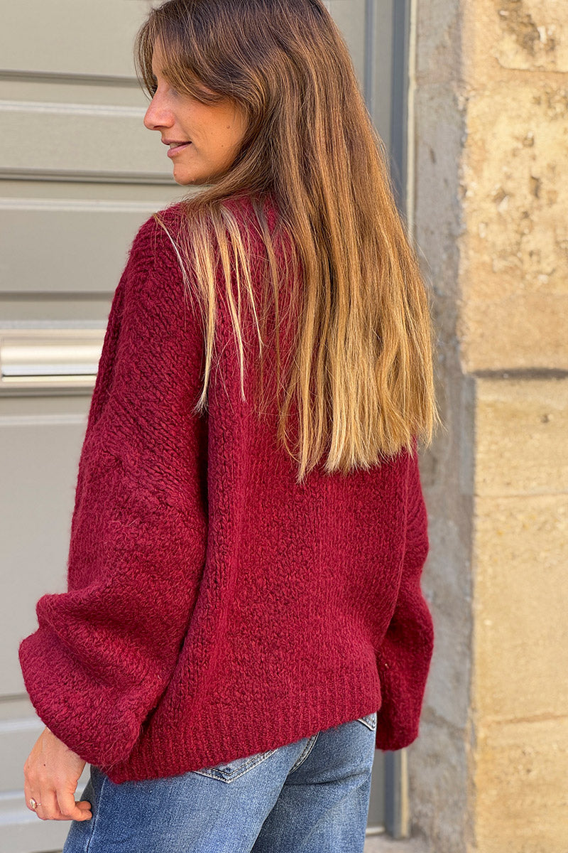 Pull chaud rouge bordeaux grosse maille douce manches bouffantes col rond
