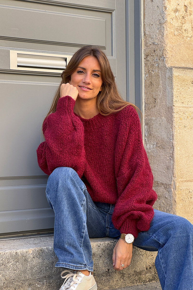 Pull chaud rouge bordeaux grosse maille douce manches bouffantes col rond