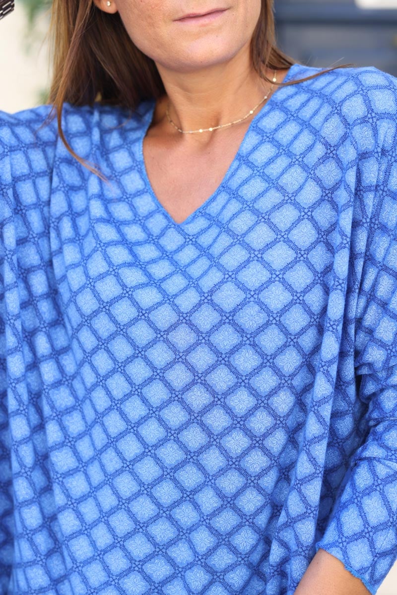 Pull col V imprime chevrons bleu roi G297 (1)