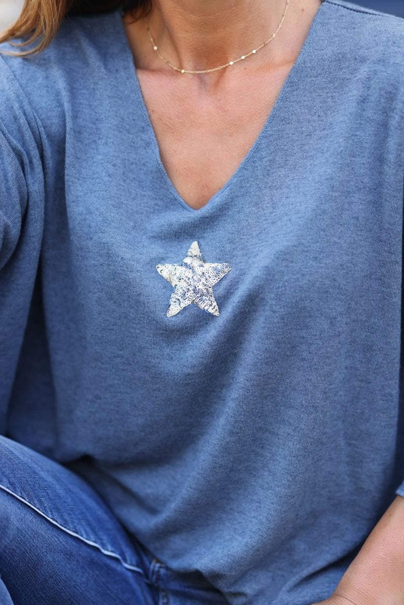 Pull coloré ample stretch bleu jean col v petite étoile sequins vêtement grande taille pour femme C176