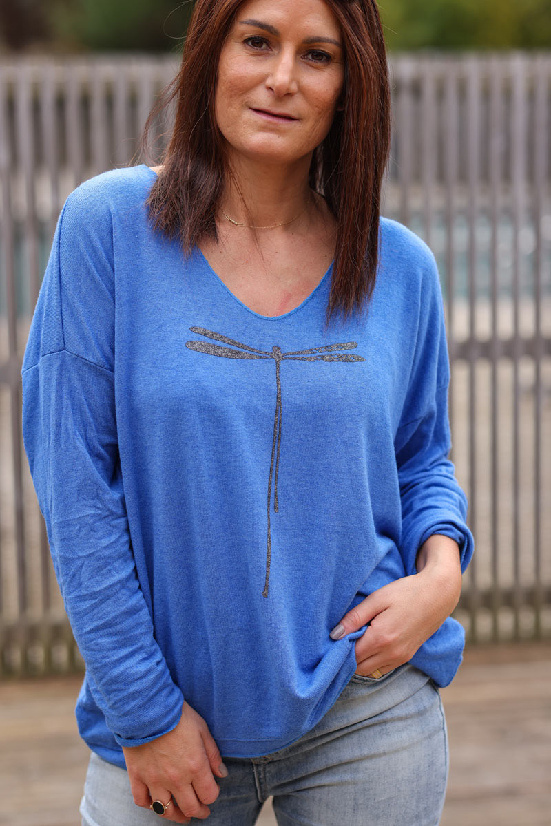 Royal Blue Light Weight Soft Sweater Glitter Dragon Fly