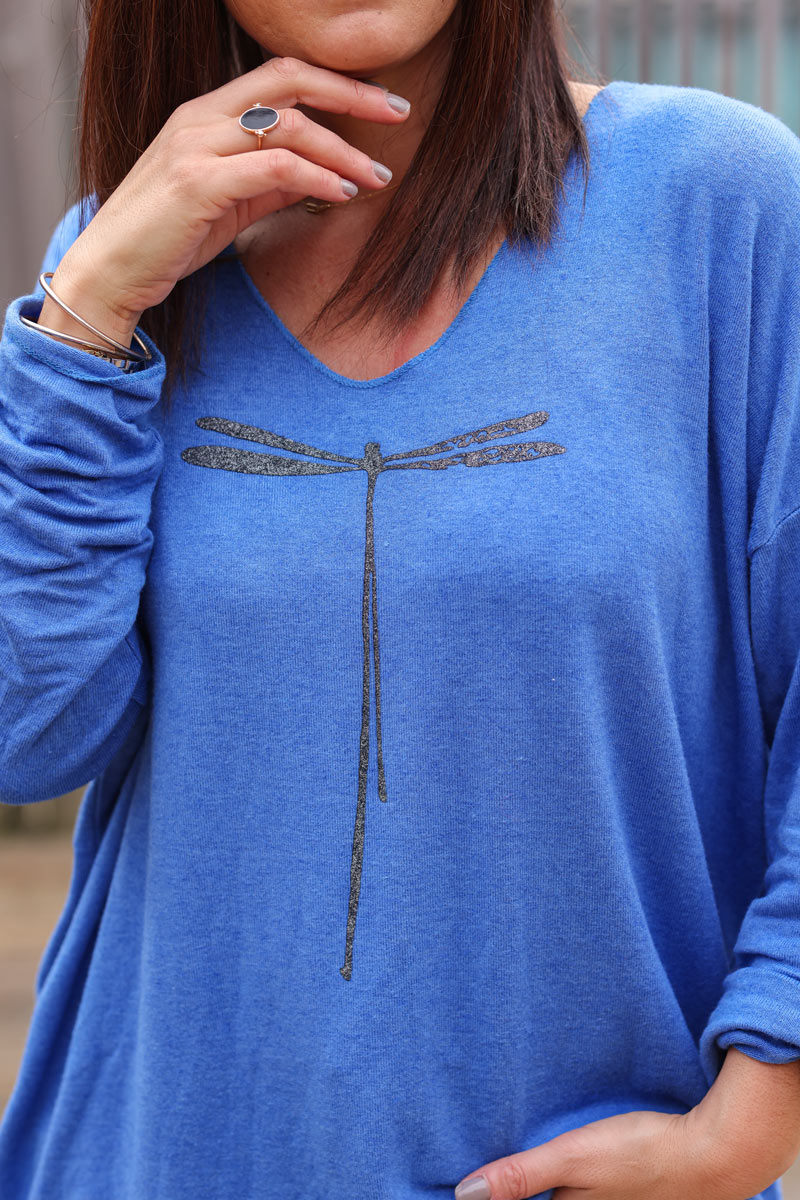 Royal Blue Light Weight Soft Sweater Glitter Dragon Fly