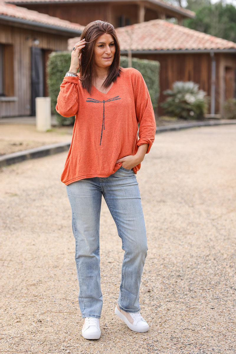 Pull brique col V libellule