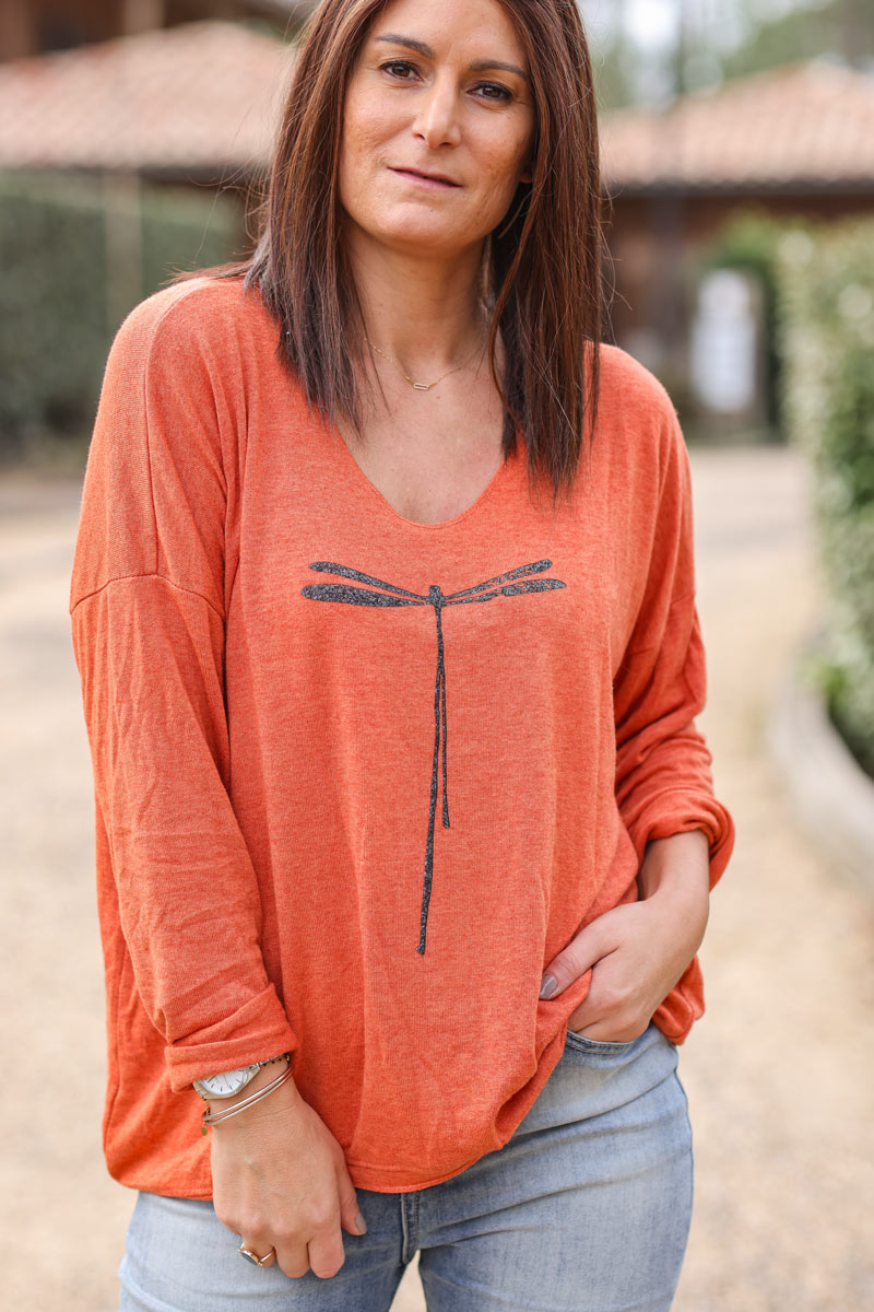 Pull brique col V libellule