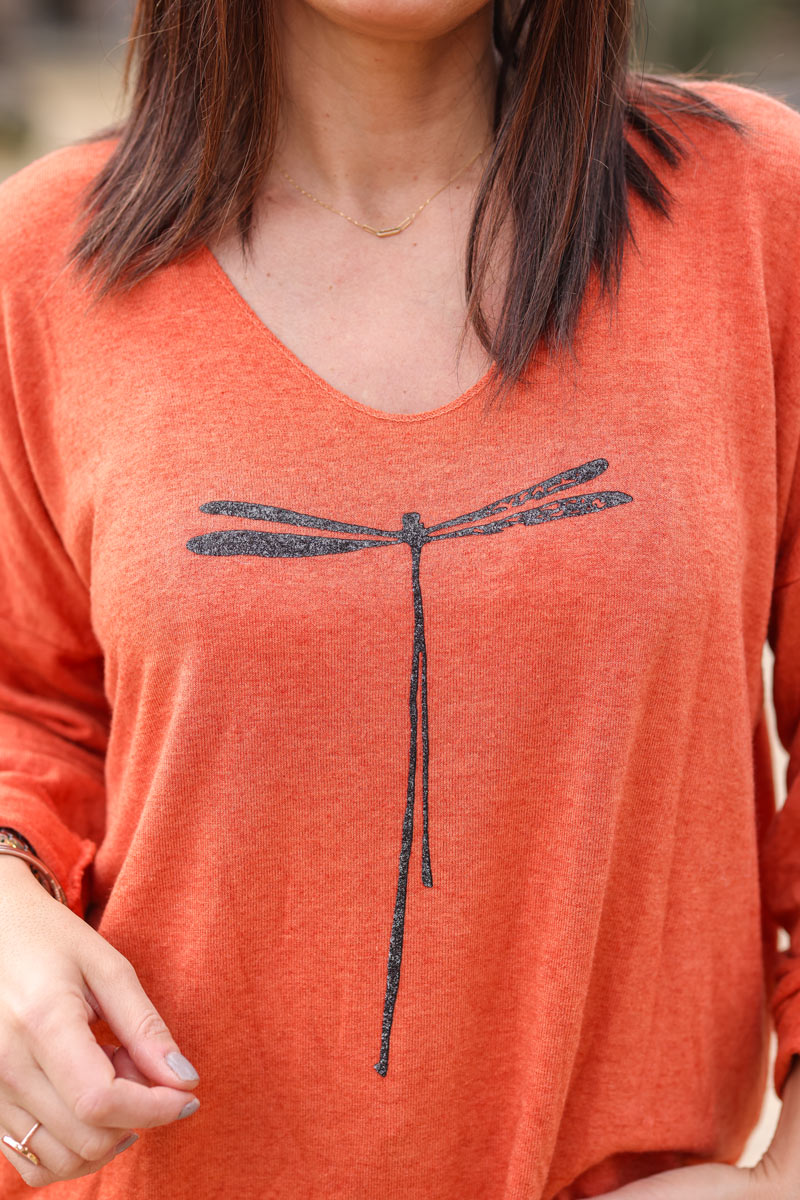 Pull brique col V libellule