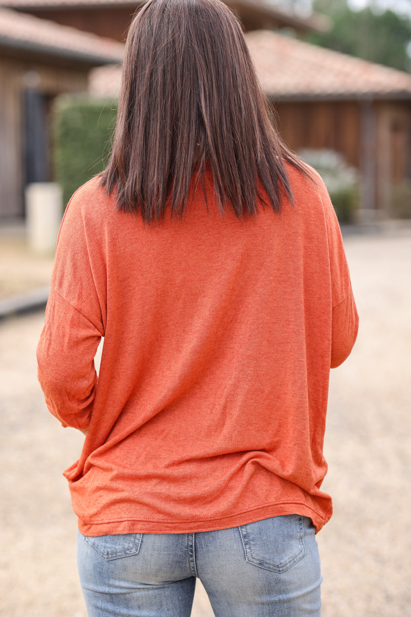 Pull brique col V libellule