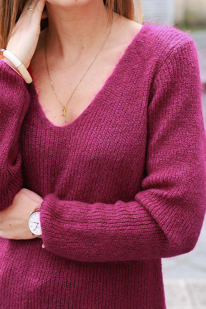 Pull framboise coupe ajustée en petite maille col v