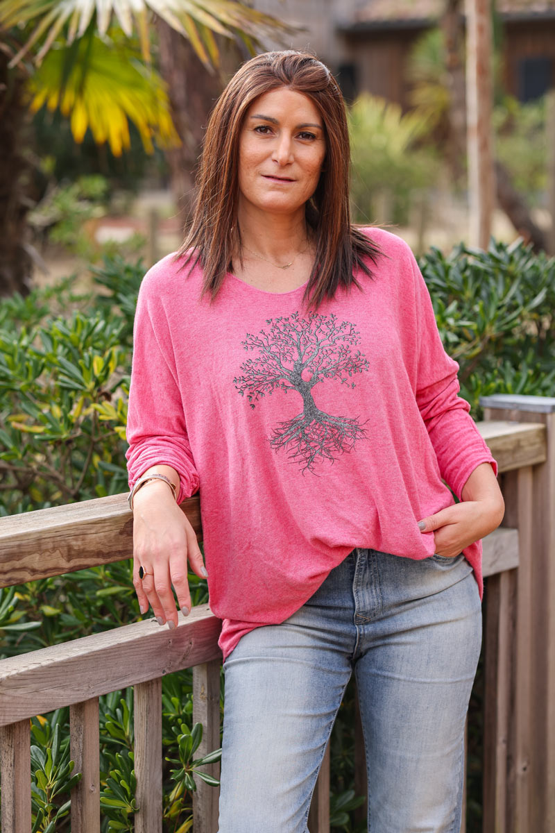 Pull fuchsia jersey arbre de vie brillant