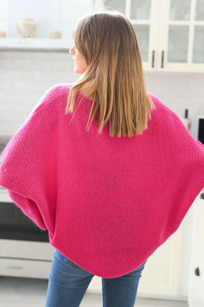 Fuchsia Woollen v-neck Jumper with Batwing sleeves
