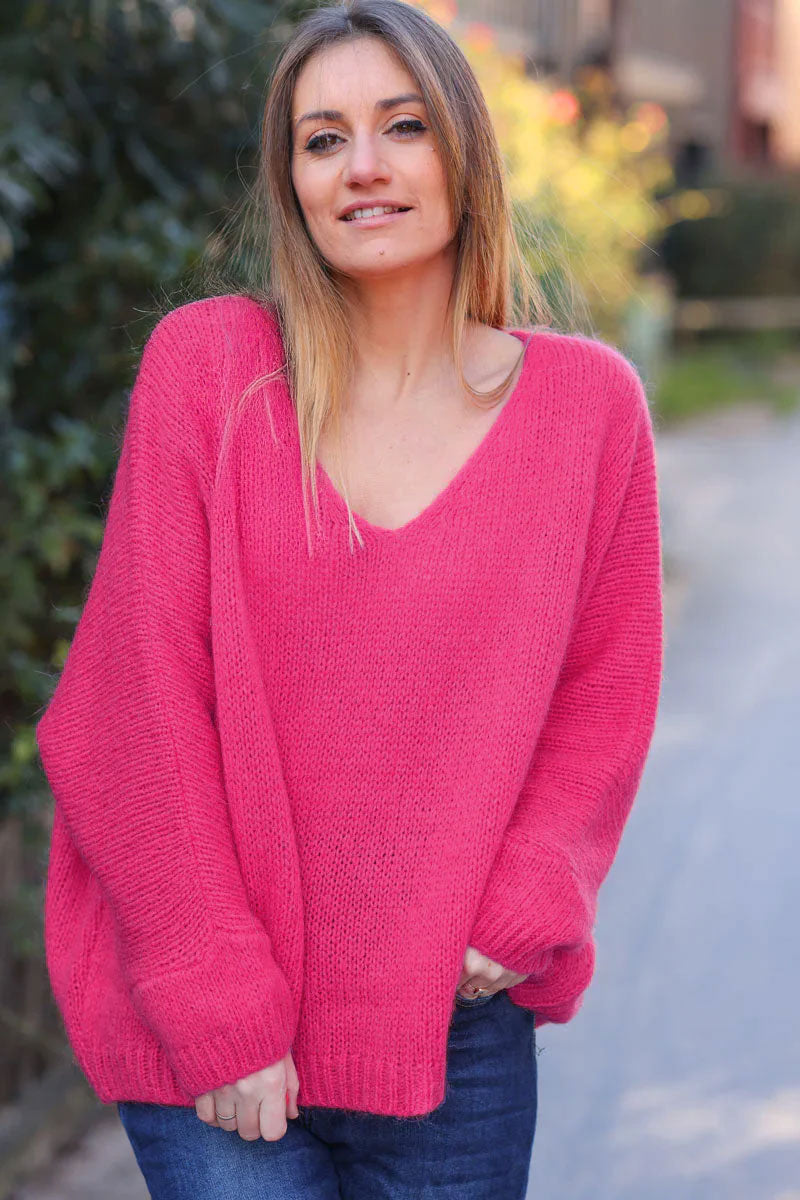 Fuchsia Woollen v-neck Jumper with Batwing sleeves