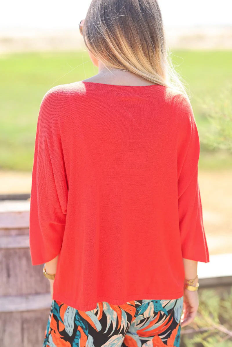 Top corail en jersey à manches chauve-souris