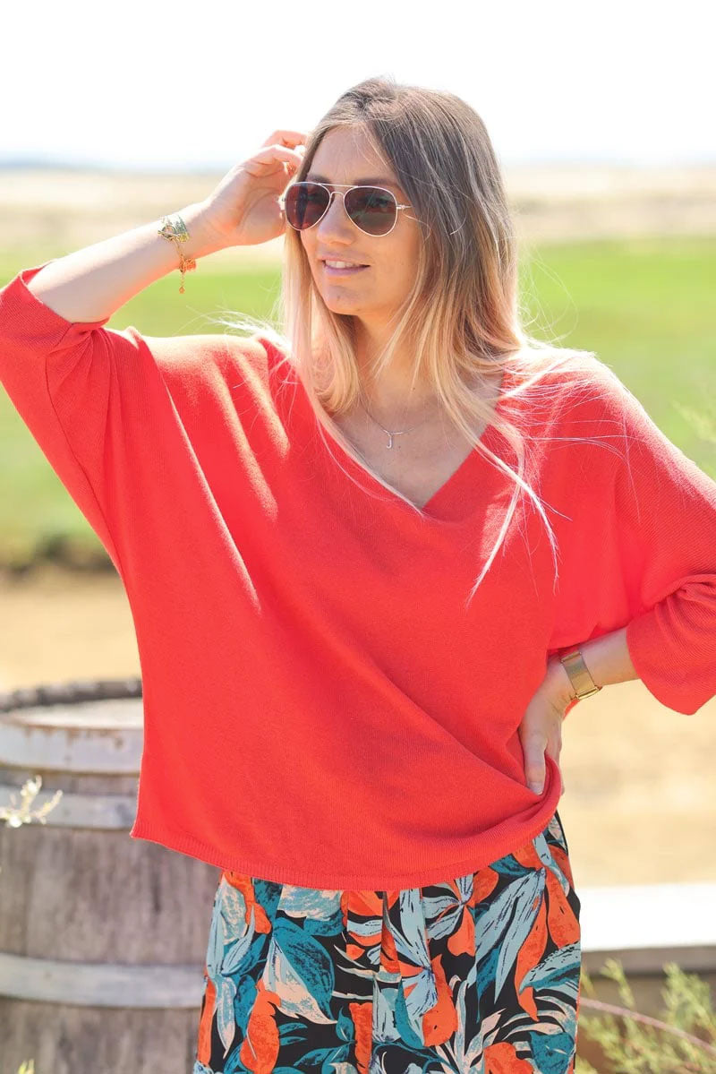 Top corail en jersey à manches chauve-souris