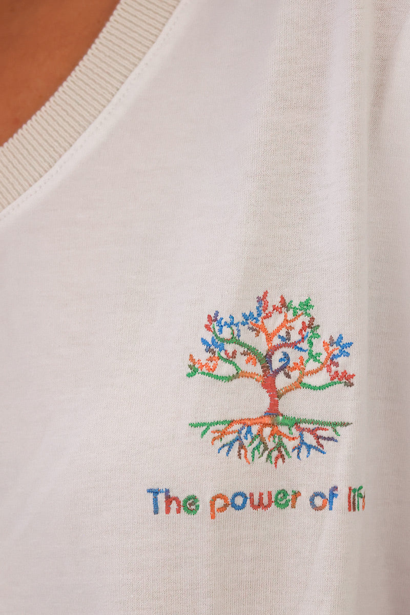 Pull en coton blanc broderie arbre de vie multicolore col V