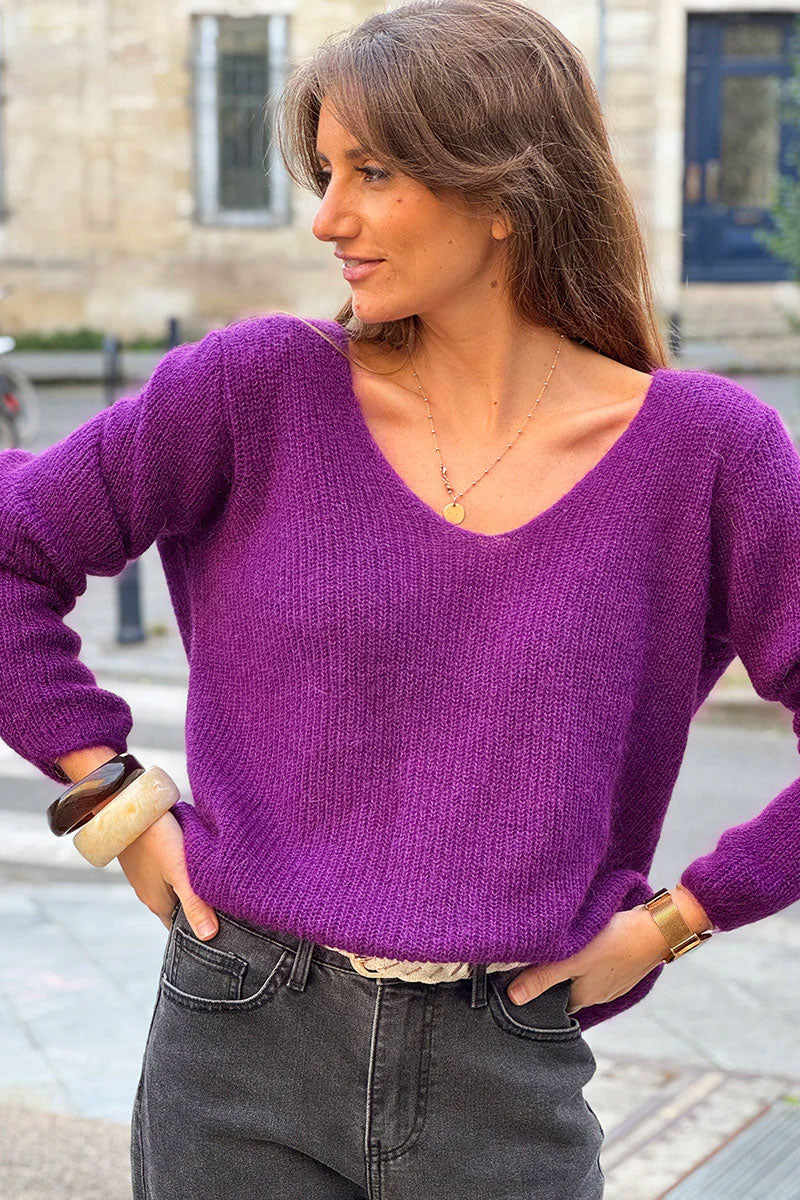 Slim Fit V-neck Grape Mohair Blend Sweater