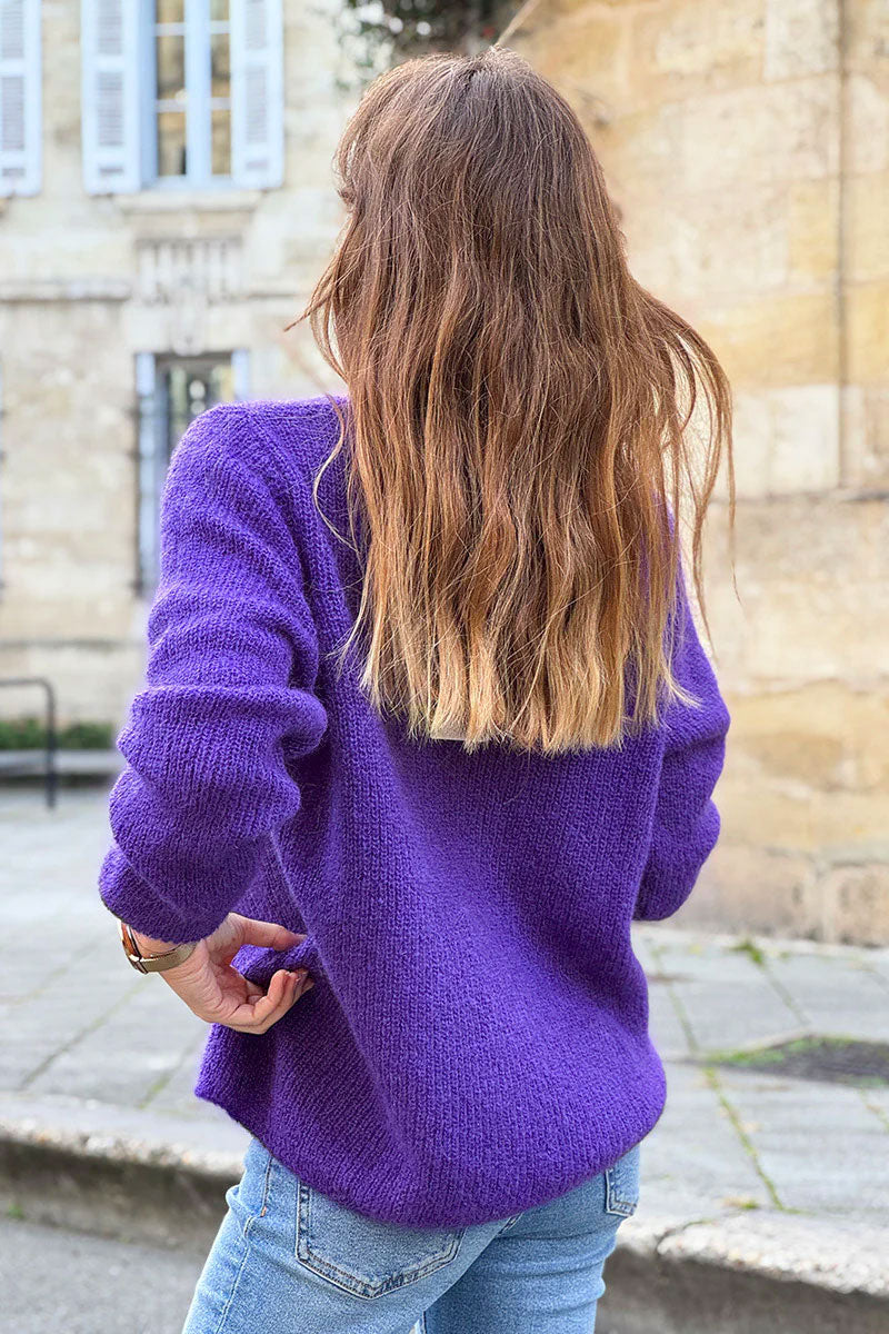 Slim Fit V-neck Purple Mohair Blend Sweater