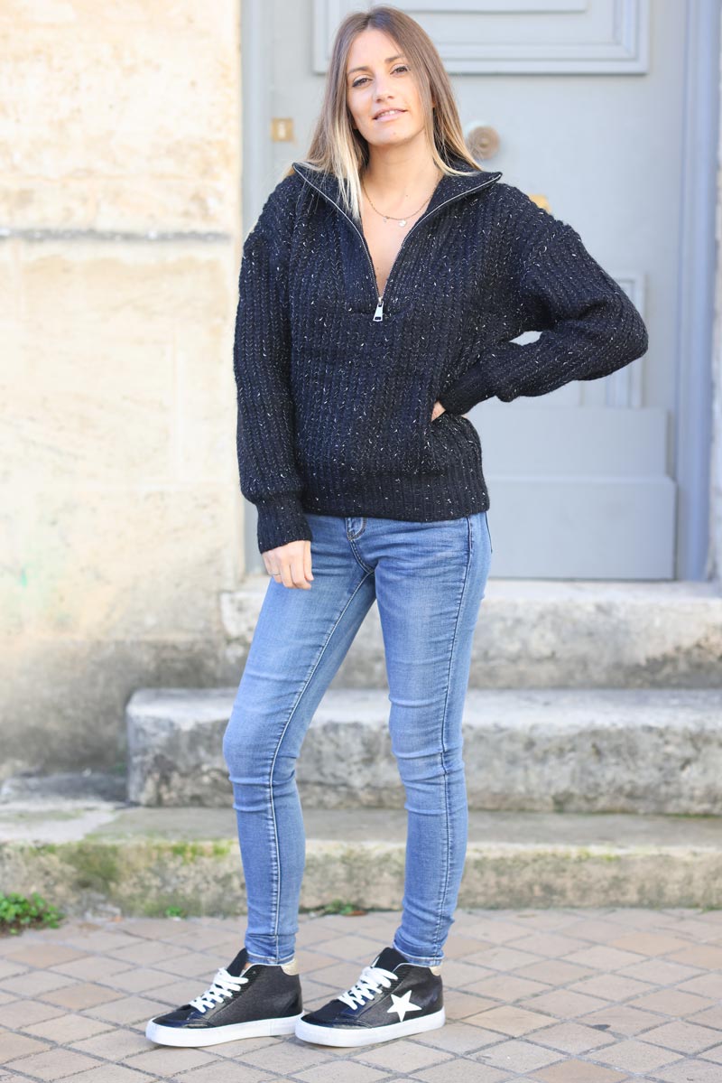 Pull court maille epaisse chinee col camionneur noir g322 (1)