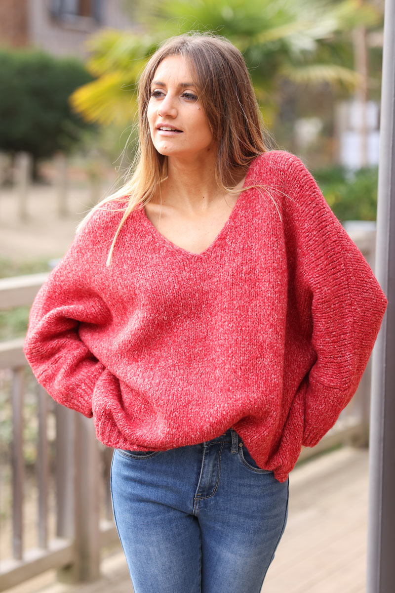 Chunky soft knit sweater in heather red batwing sleeve Horizons