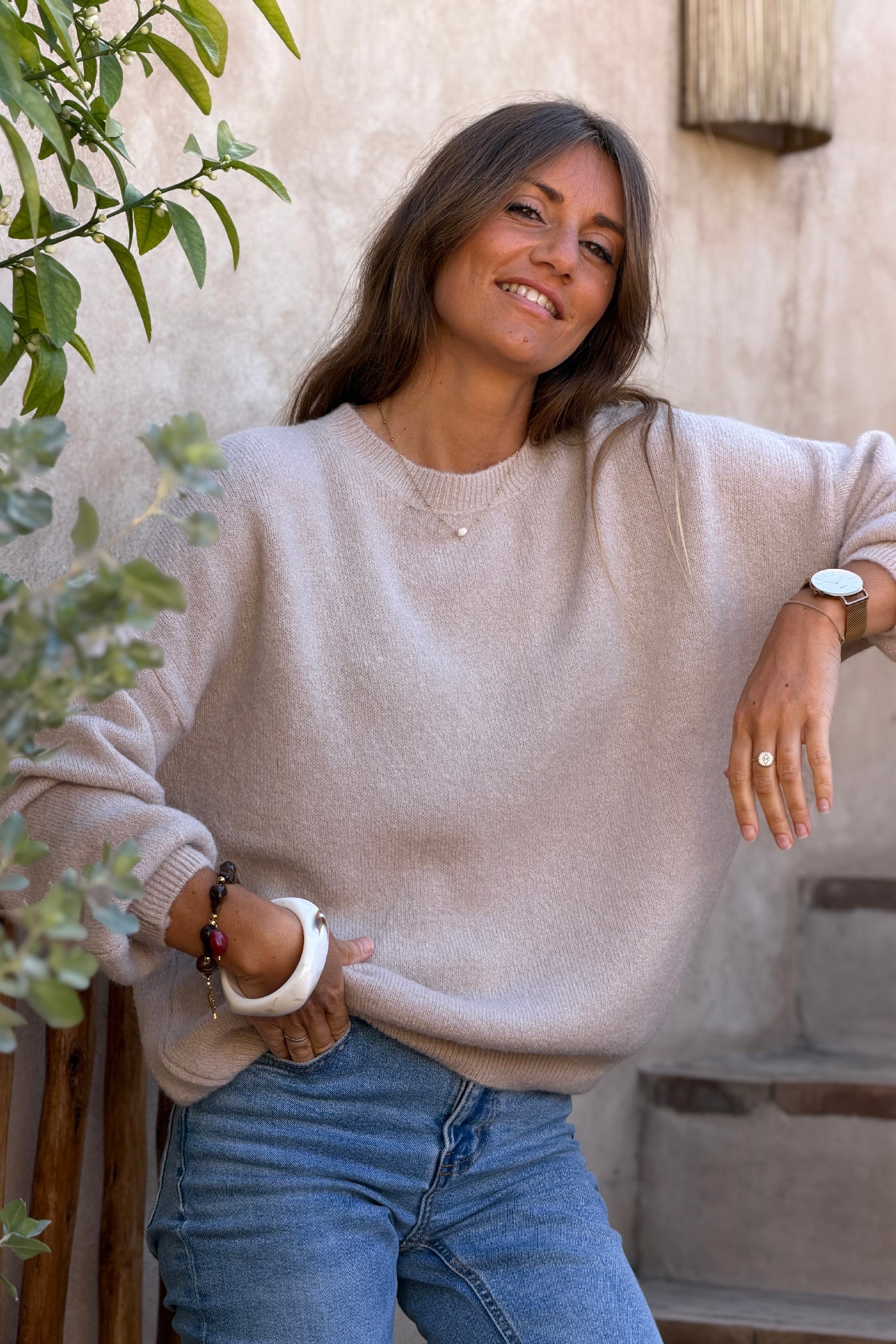 Pull doux beige en alpaga col rond basique