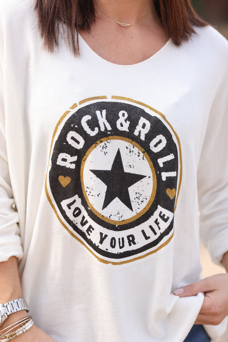 Pull doux et confort écru logo rock and roll étoile