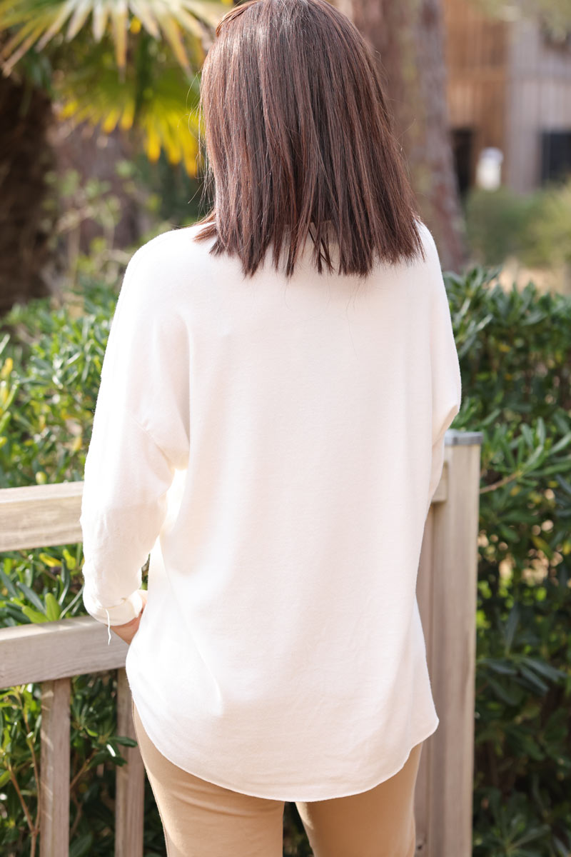 Ecru v-neck sweater with glitter 'Champange s'il vous plait'