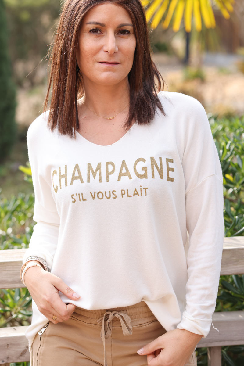 Ecru v-neck sweater with glitter 'Champange s'il vous plait'