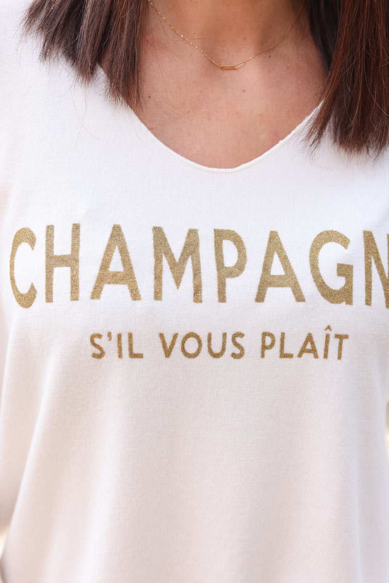 Ecru v-neck sweater with glitter 'Champange s'il vous plait'
