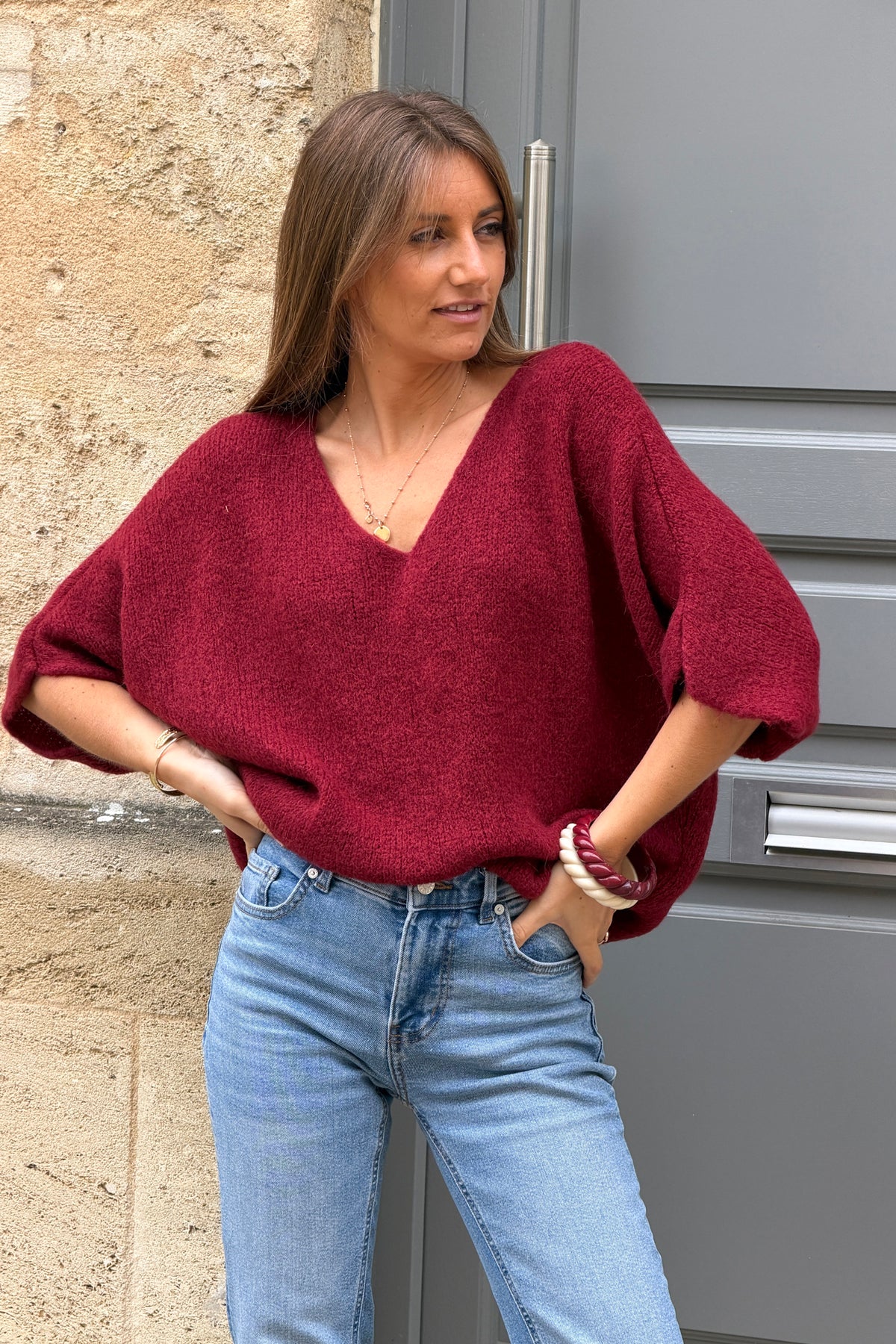 Burgundy Fuzzy Knit V-Neck Dolman Sweater