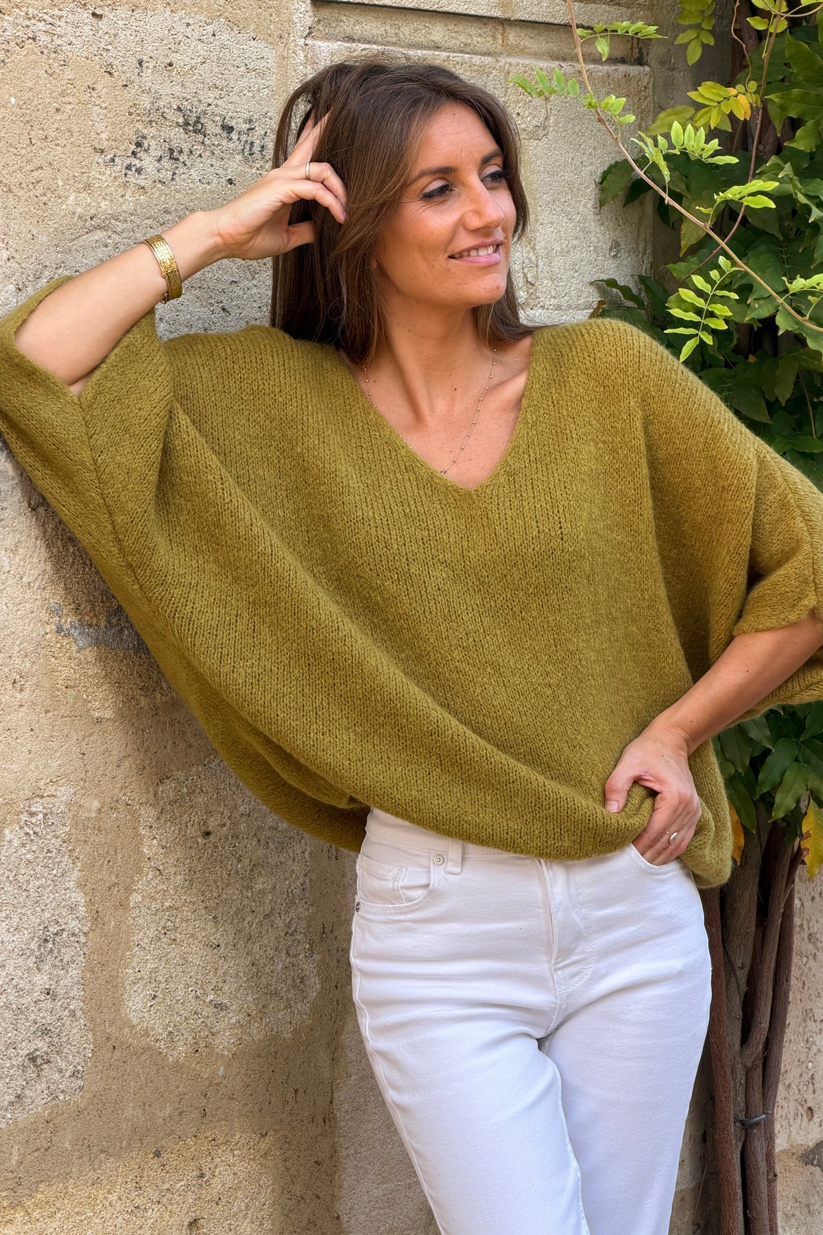 Olive Green Fuzzy Knit V-Neck Dolman Sweater