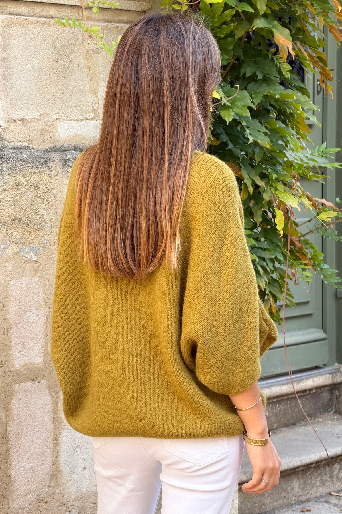 Olive Green Fuzzy Knit V-Neck Dolman Sweater