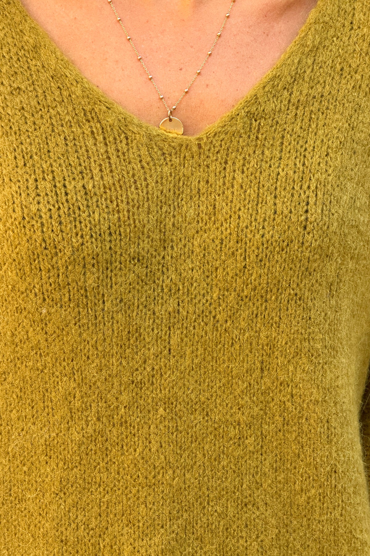 Olive Green Fuzzy Knit V-Neck Dolman Sweater