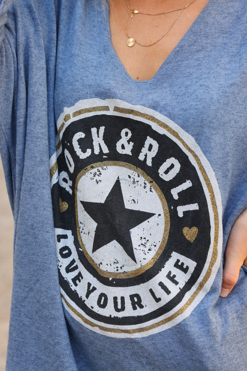Pull doux et confort bleu jean logo rock and roll etoile H259 (1)