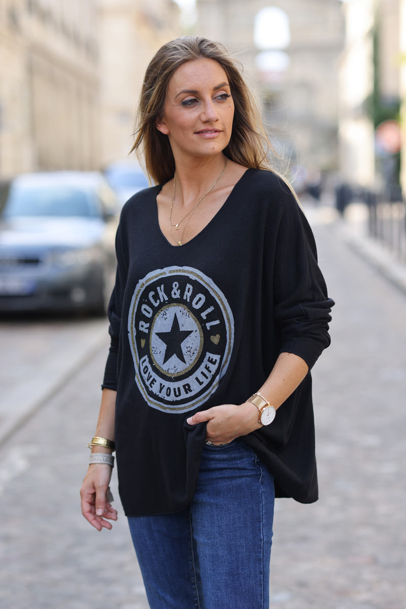 Pull doux et confort noir logo rock and roll etoile H259 (1)