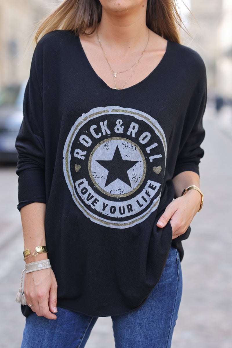 Pull doux et confort noir logo rock and roll etoile H259 (1)