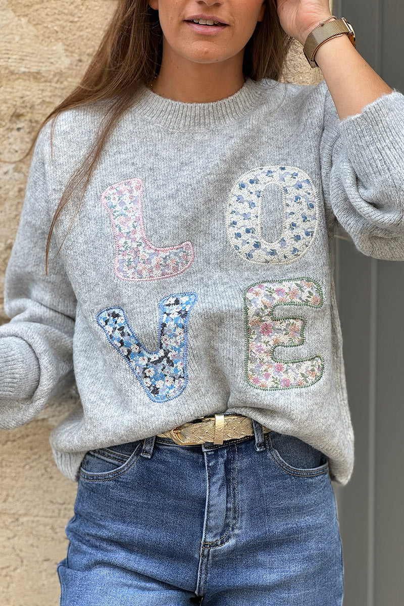 Gray LOVE Shabby Chic Knit Sweater