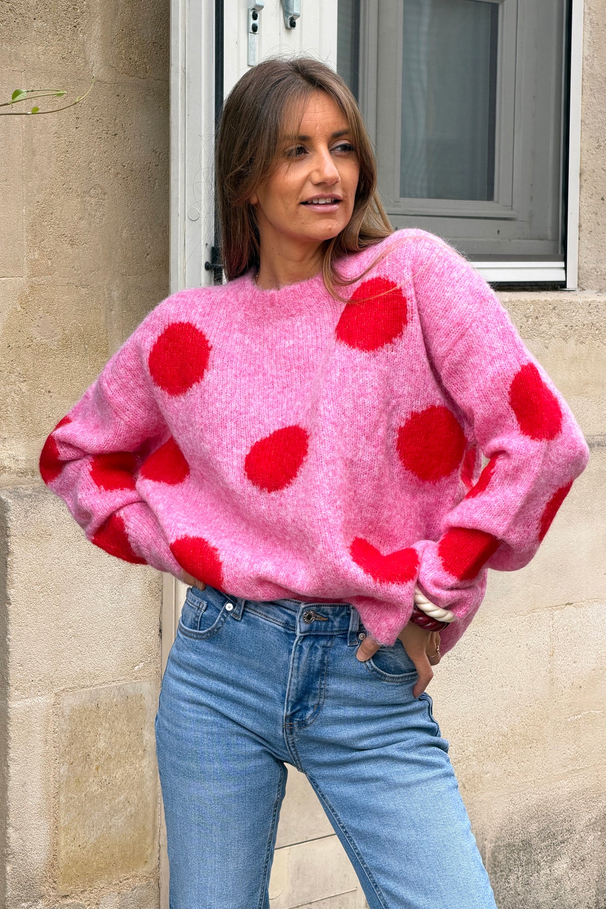 Pink Polka Dot Fuzzy Knit Sweater