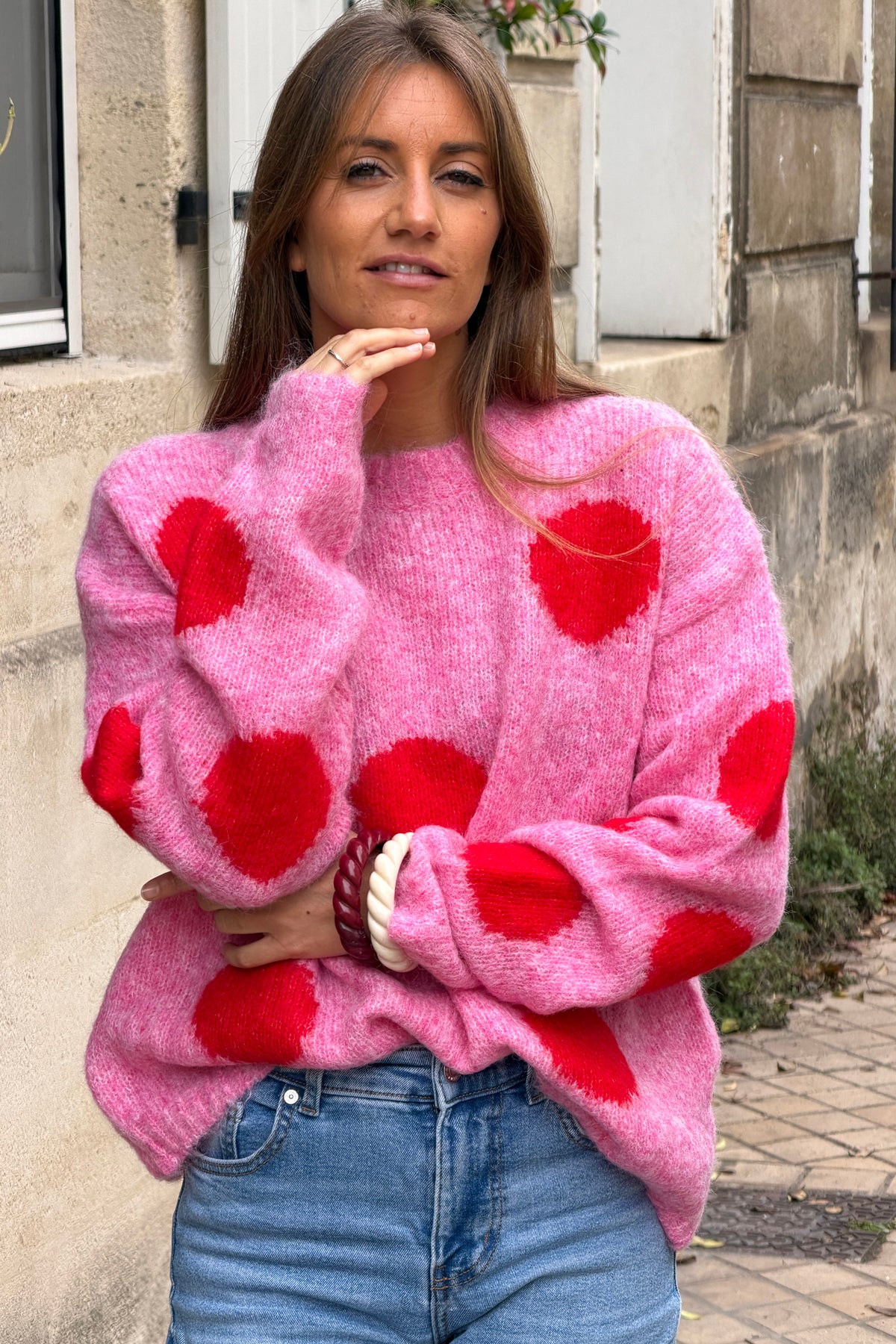 Pink Polka Dot Fuzzy Knit Sweater