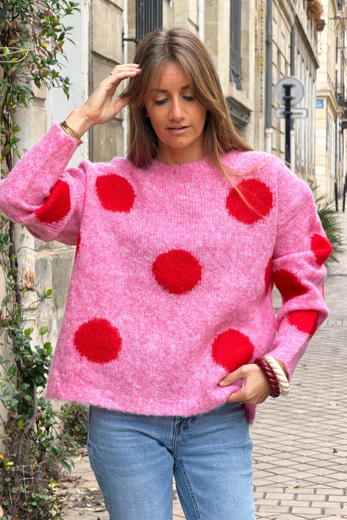 Pink Polka Dot Fuzzy Knit Sweater