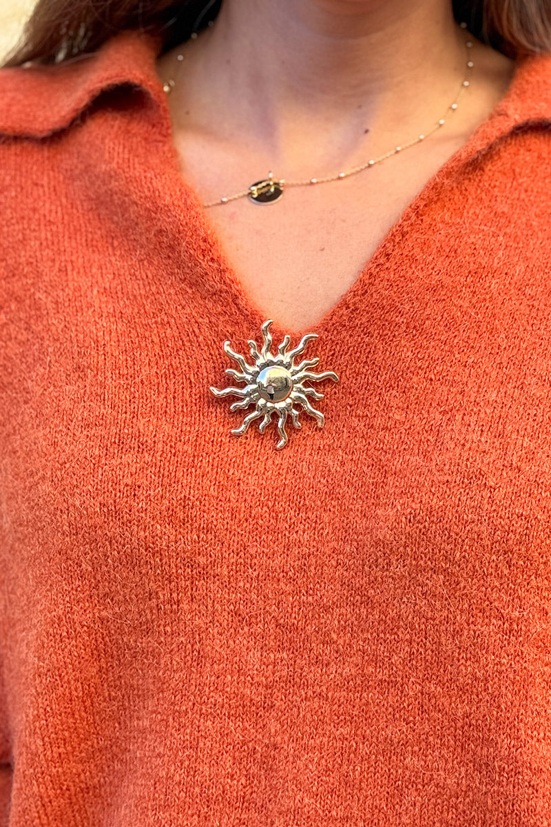 Pumpkin Collared Fuzzy Knit Sweater with Sun Brooch