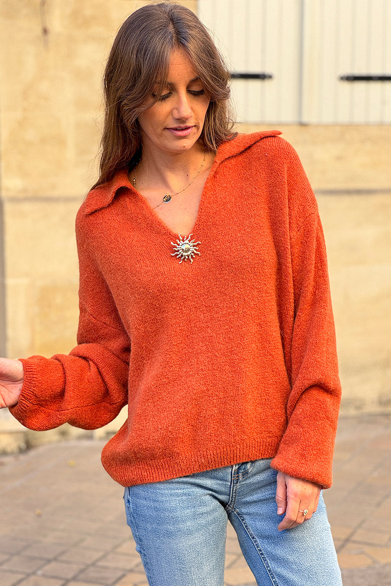 Pumpkin Collared Fuzzy Knit Sweater with Sun Brooch