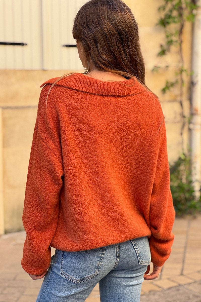 Pumpkin Collared Fuzzy Knit Sweater with Sun Brooch