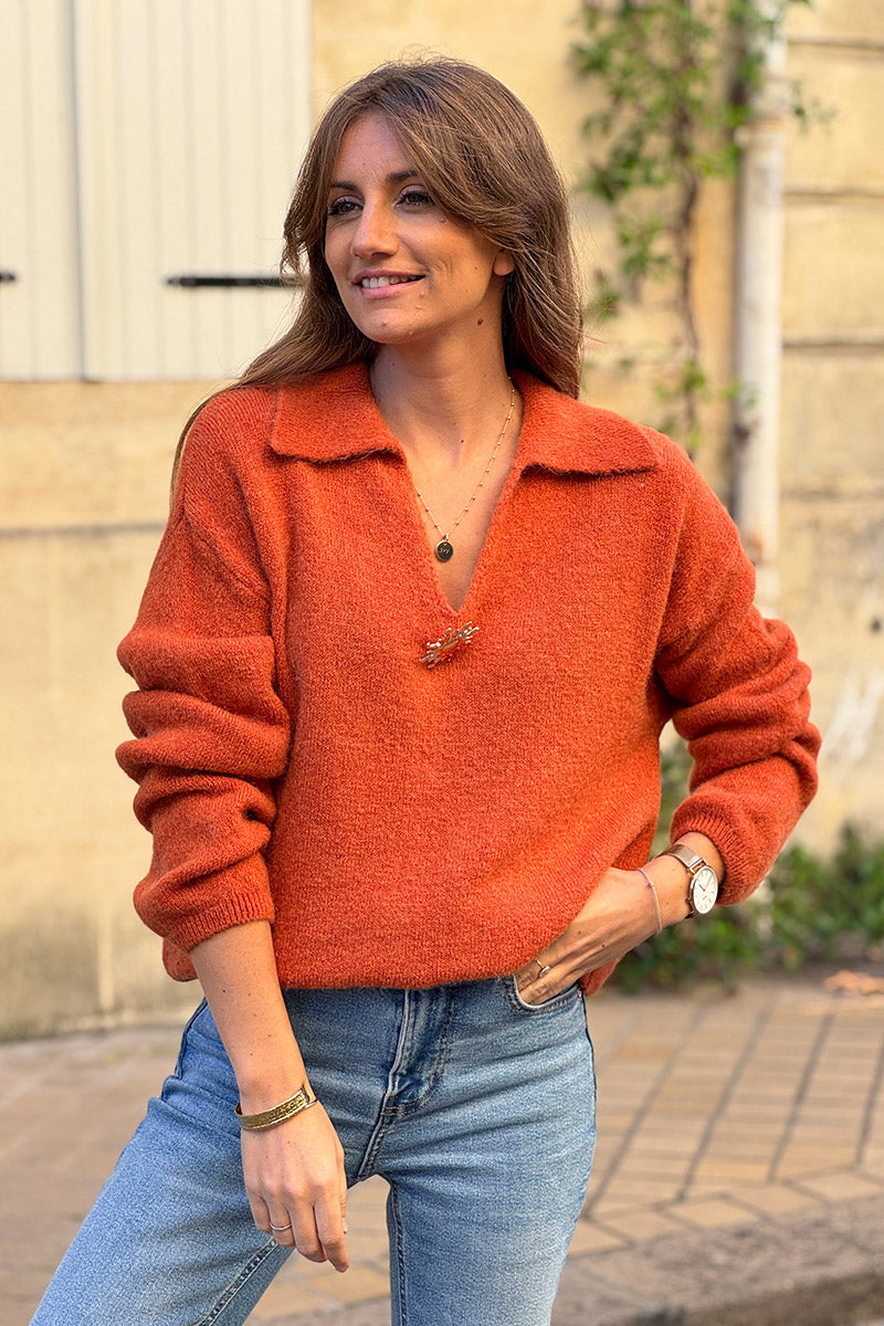 Pumpkin Collared Fuzzy Knit Sweater with Sun Brooch