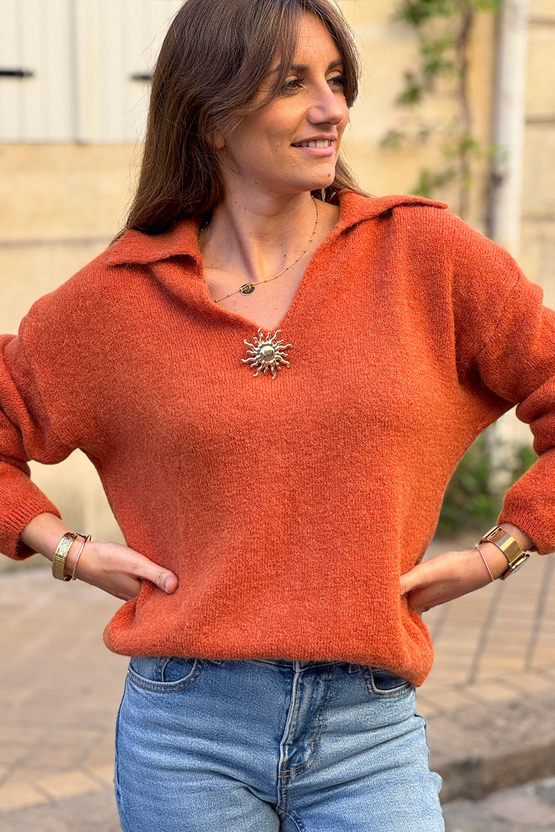 Pumpkin Collared Fuzzy Knit Sweater with Sun Brooch