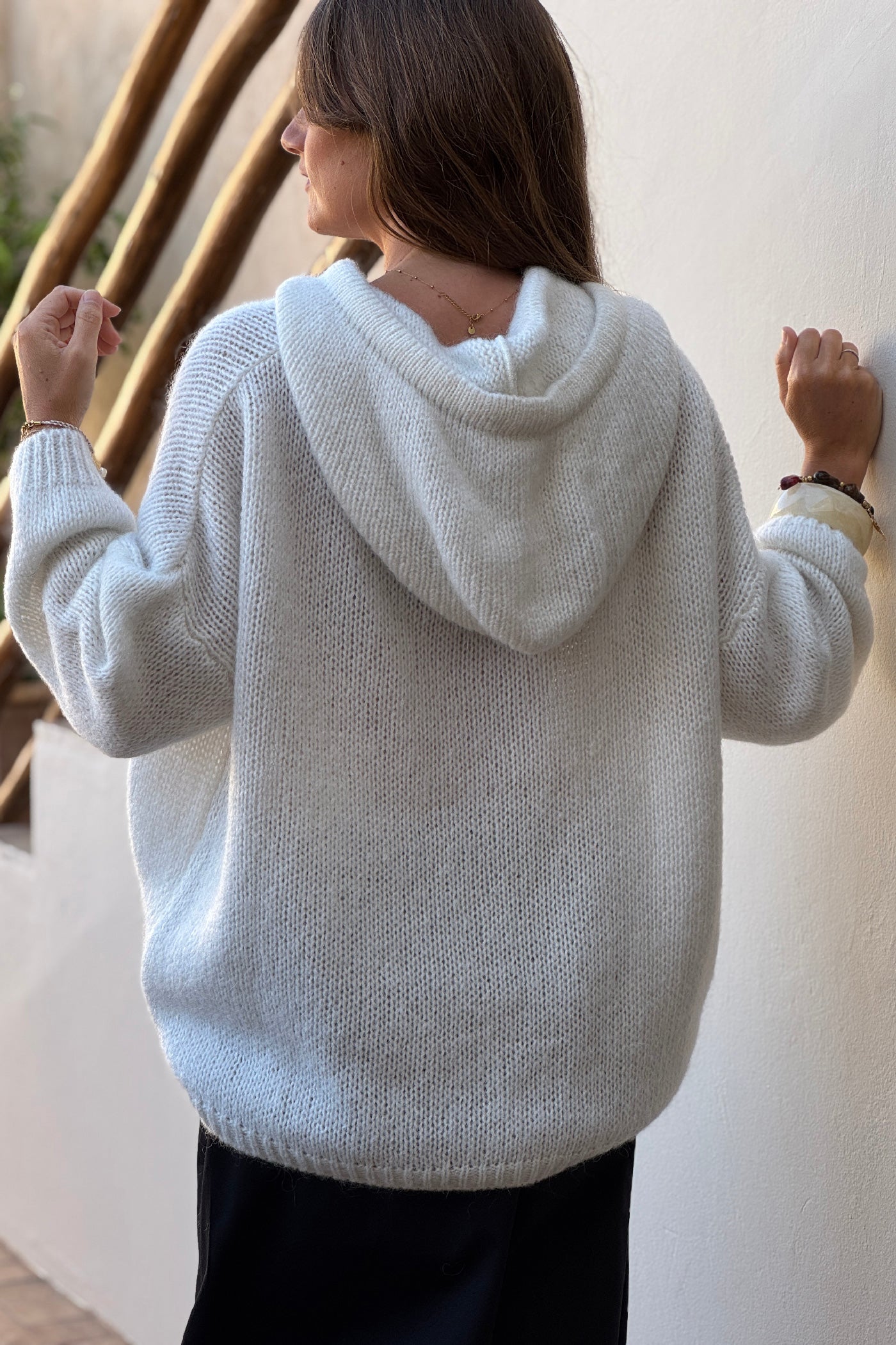 Cream Mohair Knit Zip-Front Hoodie